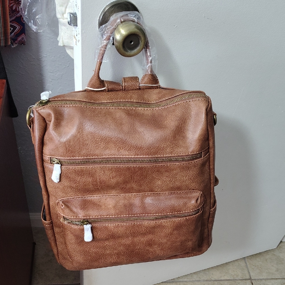 Brand New Brown Unisex Faux Leather Backpack Shoulder Bag
